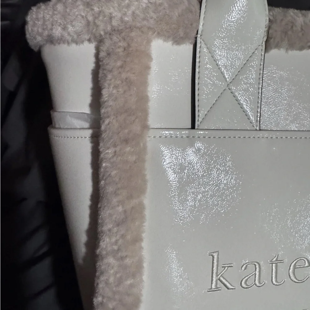Kate Spade Large Cream Embroidered patent leather tote fur - NWT retails: $429